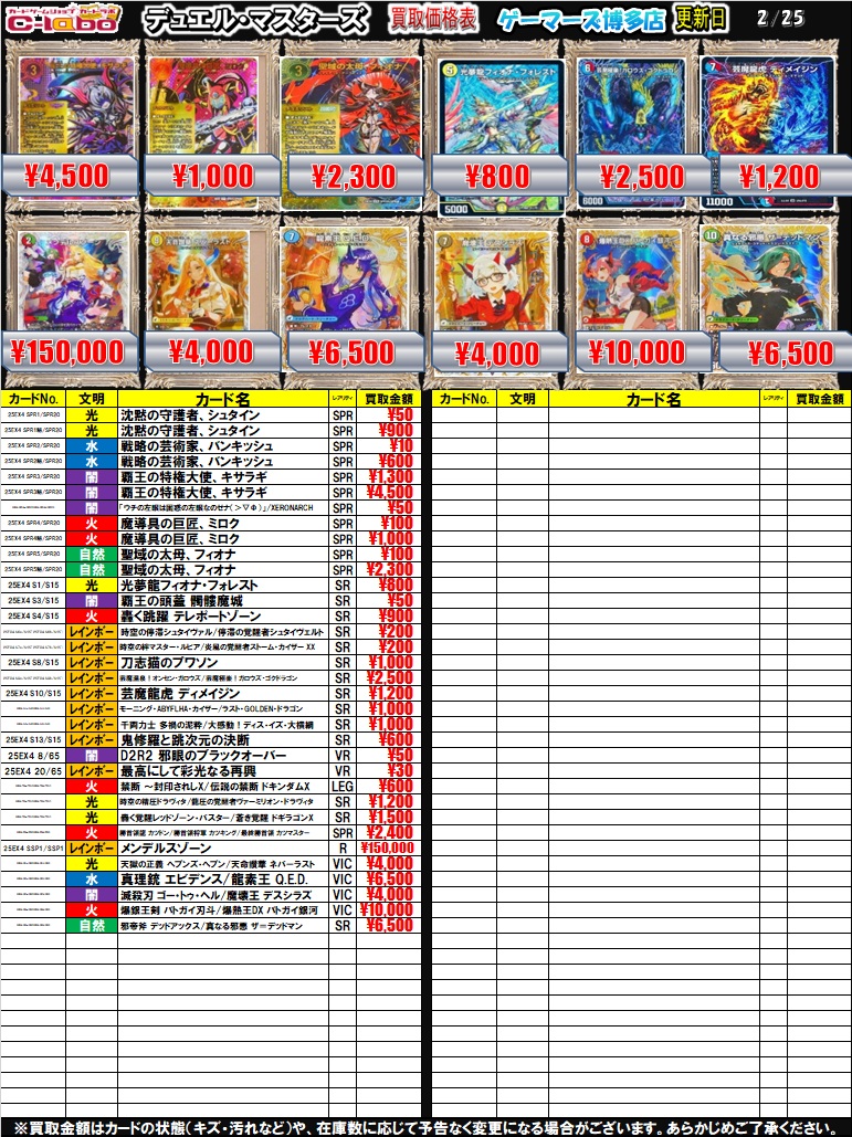 デュエルマスターズ 買取情報】 「新弾・神アート」 買取表を更新しま