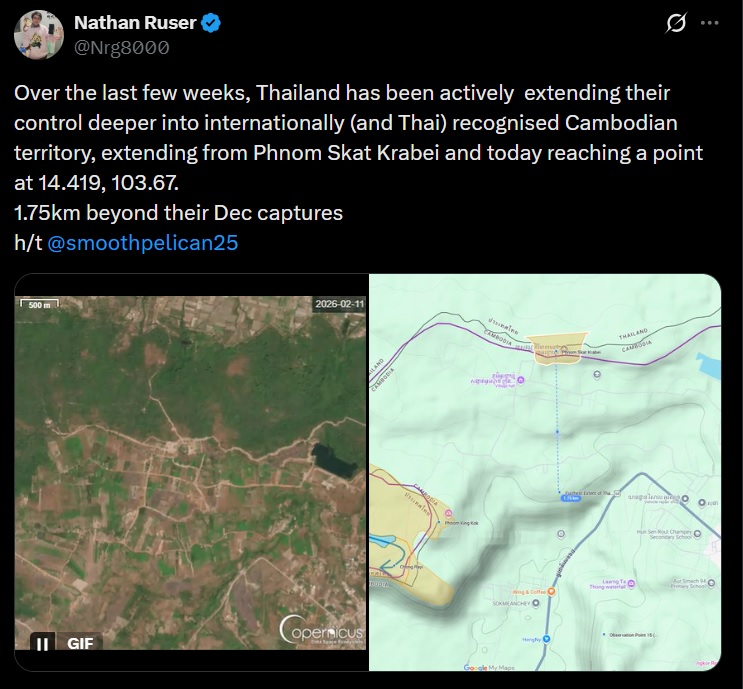 ThaiEnquirer's tweet photo. Analyst Reports New Thai Road Construction Near Disputed Border Temple

A conflict analyst said new satellite imagery indicates Thailand’s military has expanded infrastructure and positions in a disputed border area with Cambodia following clashes late last year.

Nathan Ruser of the Australian Strategic Policy Institute said on Wednesday that since Feb. 10 the Royal Thai Armed Forces had built a road to the Naengmut hamlet and linked positions along a plateau ridge toward Prasat Khnar, a contested temple captured during fighting in December.

According to Ruser, the development establishes effective Thai control over about 7 square kilometers in that sector of territory claimed by Cambodia along the frontier with Thailand. He referenced annotated satellite imagery and maps showing the road alignment and surrounding area.

In earlier comments on Feb. 11, Ruser said Thailand had been extending its presence over several weeks from the Phnom Skat Krabei area to coordinates 14.419, 103.67, which he described as about 1.75 kilometers beyond positions taken during the December clashes.

#Thailand #Cambodia #ไทยกัมพูชา #ชายแดนไทยกัมพูชา