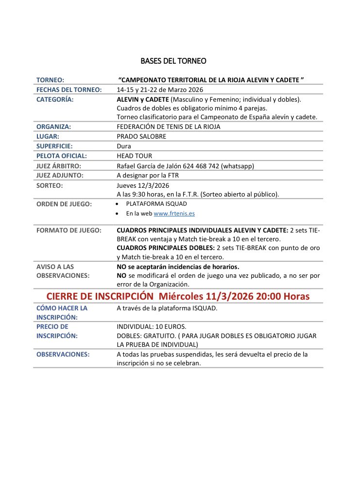 Abiertas las inscripciones del “CAMPEONATO TERRITORIAL ALEVIN Y CADETE”.
#abrazatealtenis