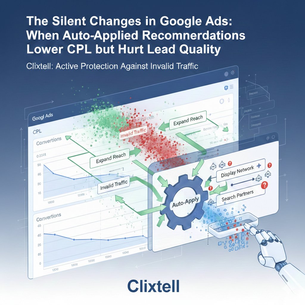 Clixtell's tweet photo. Auto-apply can quietly push you into Display and Search Partners, where invalid traffic spikes. If CPL drops but lead quality collapses, this is often why. Fix it fast, then block bots in real time with Clixtell. https://t.co/GL1Cnrwft0 https://t.co/DWauKH3ASH