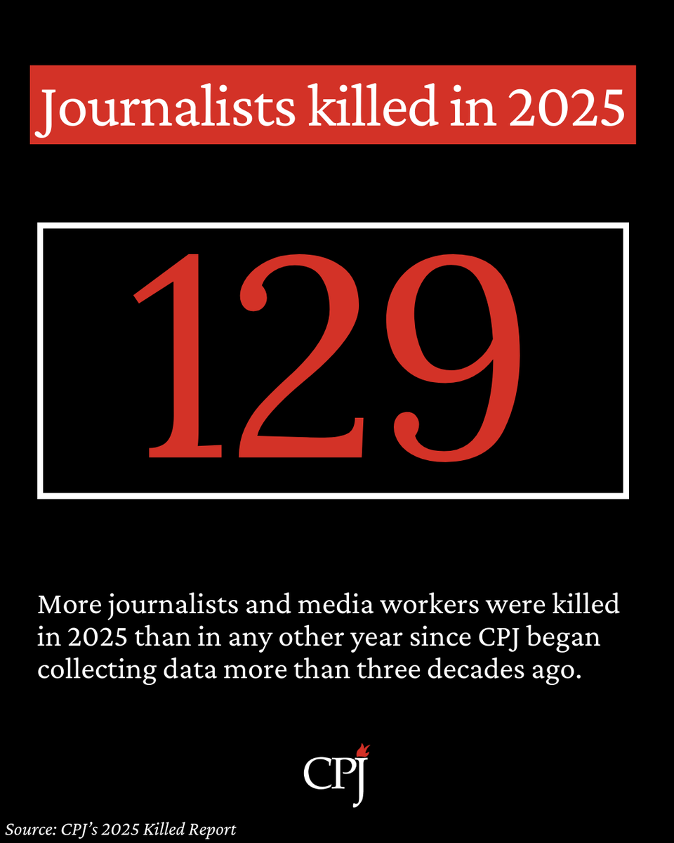 CPJMENA's tweet photo. More journalists and media workers were killed in 2025 than in any other year since CPJ began collecting data more than three decades ago. At least 129 journalists and media workers were killed, two-thirds of them by Israel.

Read CPJ’s #2025KilledReport:
https://t.co/fzgavlJiCe https://t.co/GAZSZXIS34