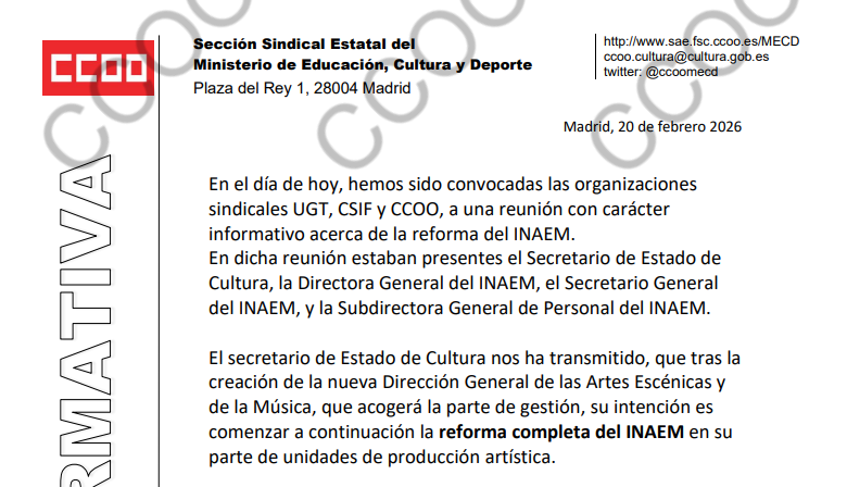Nota informativa sobre la creación del INAEM como Entidad Pública Empresarial <a href="/INAEM_Cultura/">INAEM</a> <a href="/ernesturtasun/">Ernest Urtasun</a> más detalles en:
sae.fsc.ccoo.es/cms.php?cd_cms…