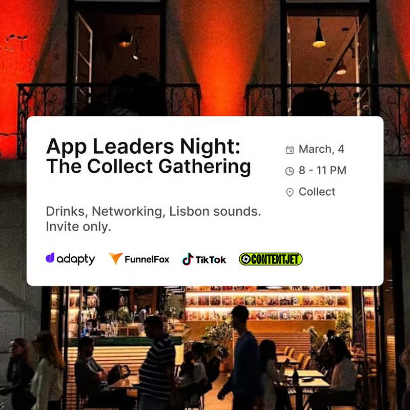 Apps Forum visitors: keep the night going.

After-party March 4 at Collect — Food. Radio. Records.

Invite-only with @Adapty @TikTok @ContentJet. Real talk about what's working in your funnels, where payments break, experiments you're running off the record.

Limited spots.