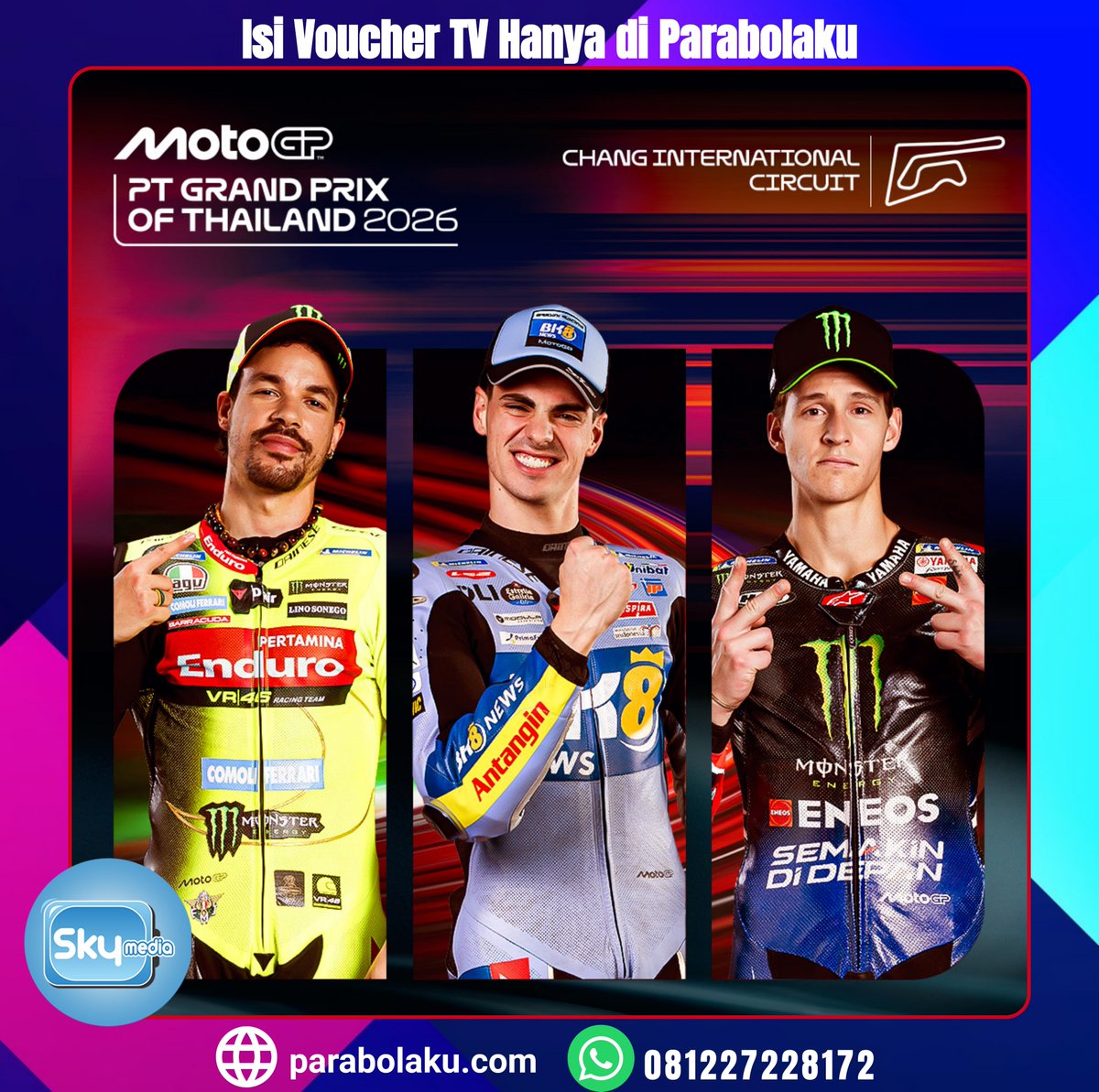 serunya MotoGP di PT Grand Prix of Thailand 2026.setiap tikungan menegangkan, hanya di Parabolaku!Info &amp; order di :🤖 WA AI Agent (Respon Instant) : wa.me/6287838575758
👩‍💼 WA CS &amp; Sales (Bantuan Manual) : wa.me/6281227228172
🌐 Kunjungi kami : parabolaku.com