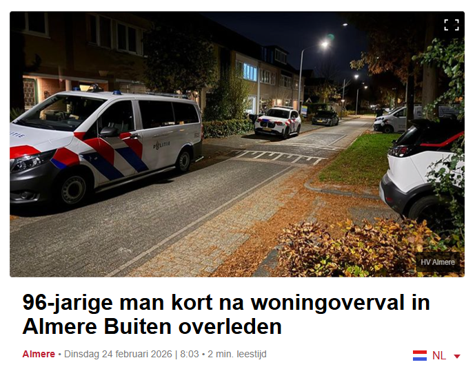 Diversiteit is onze kracht zei <a href="/F__Timmermans/">Frans Timmermans</a> met volle overtuiging. Deze diversiteit heeft een 96-jarige man het leven gekost, na een woningoverval waarbij hij meerdere vuistslagen in zijn gezicht kreeg. Wanneer is genoeg een keer genoeg?

Bron: omroepflevoland.nl/nieuws/461141/…