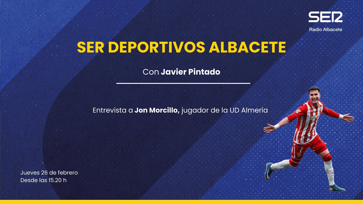 SER DEPORTIVOS | Entrevista mañana jueves con el jugador de la <a href="/U_D_Almeria/">UD Almería</a> , Jon Morcillo, de cara al partido entre el <a href="/AlbaceteBPSAD/">Albacete Balompié 🤍</a> y el equipo andaluz el viernes 🎙️🔈⚽️

➡️ La entrevista mañana jueves, 26 de febrero, a partir de las 15.20 horas en SER Deportivos Albacete