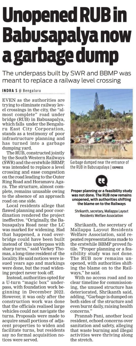 Mallappalyt's tweet photo. @AshwiniVaishnaw  @GbaEastCity7056 @GBAChiefComm  Request your immediate intervention,In bangalore city this is the plight, Finished RUB not opened for general public. Prj started in 2021 was completed in 2024 , loads of garbage dumped and burnt. https://t.co/JVwqZ1MSRC