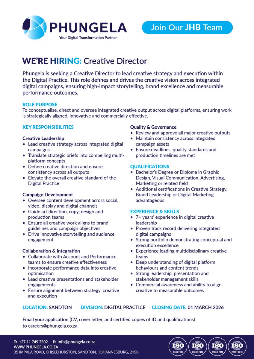 We’re hiring a Creative Director!

7+ years digital leadership experience. Strong integrated campaign portfolio required.

📅 Closes: 01 March 2026
📩 careers@phungela.co.za

#Hiring #CreativeDirector #DigitalJobs #Phungela #JoinOurTeam