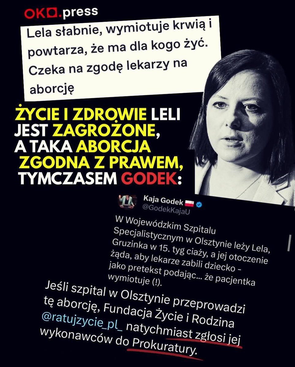 Wczoraj <a href="/FEDERApl/">Fundacja FEDERA</a> i <a href="/oko_press/">OKO.press</a> nagłośniły historię Leli, która pilnie potrzebuje aborcji, a lekarze jej odmawiają. I już od wczoraj godek grozi szpitalowi i nasyła ludzi, aby tam dzwonili i pisali, aby nie dopuścić do aborcji. Jak wy, posłanki, możecie na to patrzeć bezczynnie?