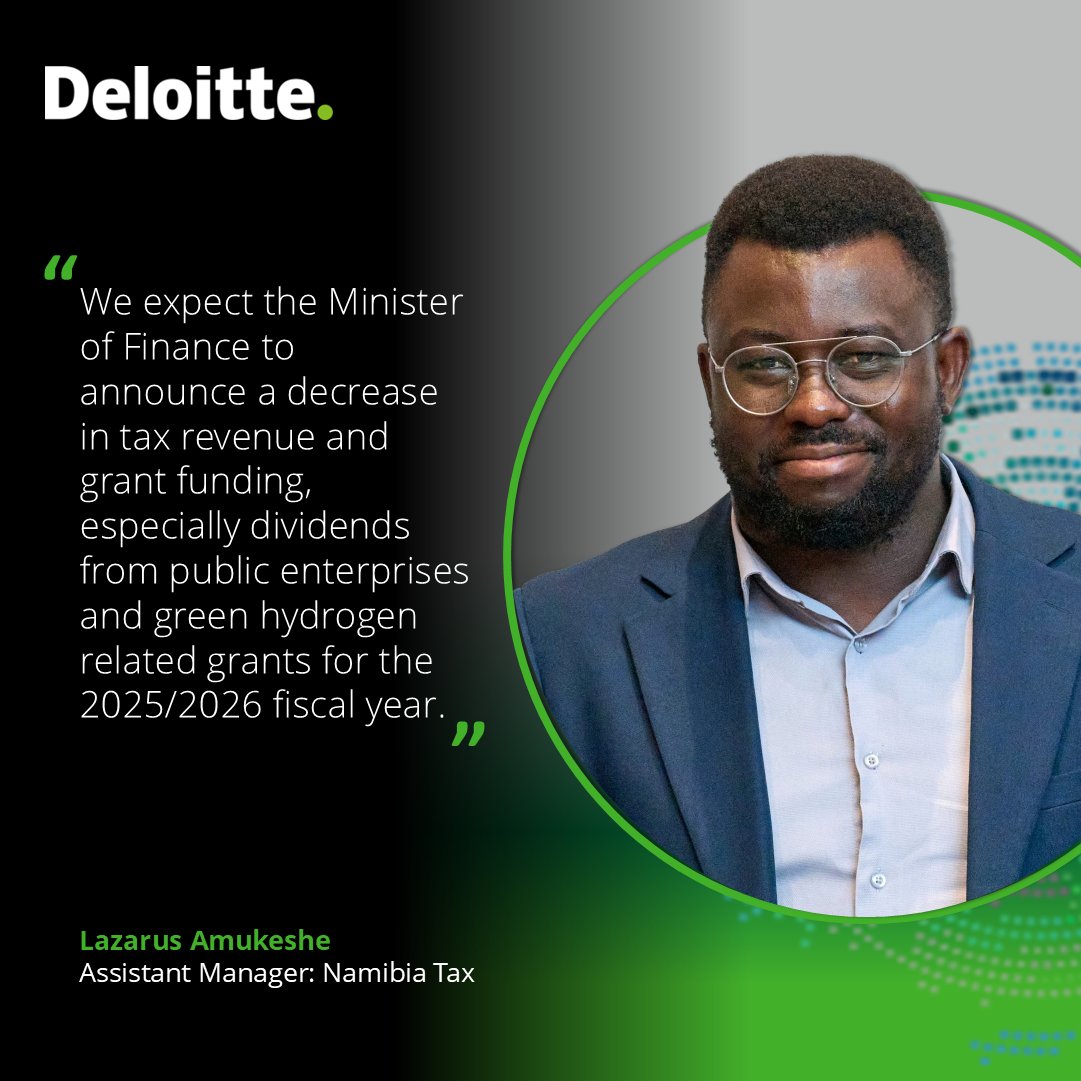 We expect lower tax revenue and grant funding in 2026/27, including reduced public enterprise dividends and green hydrogen grants.

#Nationalbudget #DeloitteNamibia #DeloitteTax #togethermakesprogress