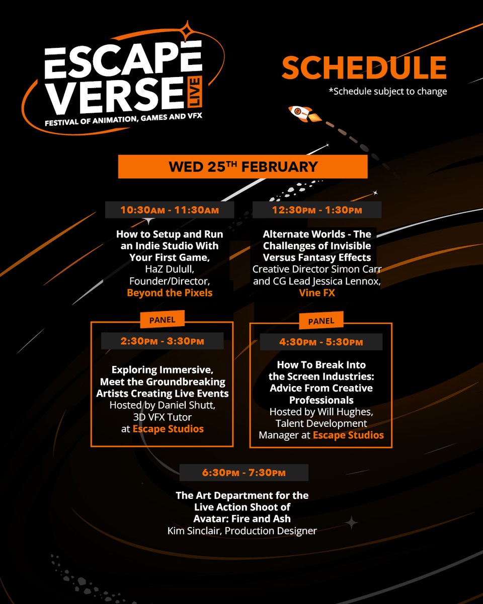 Escape_Studios's tweet photo. Not long now until day two of Escapeverse Live gets going, and we hope you're sitting comfortably for what's set to be a cosmic day full of industry insights! 🪐

Secure your free ticket and check out lineup - https://t.co/yR86yIXg2h https://t.co/is2sMQsFrI