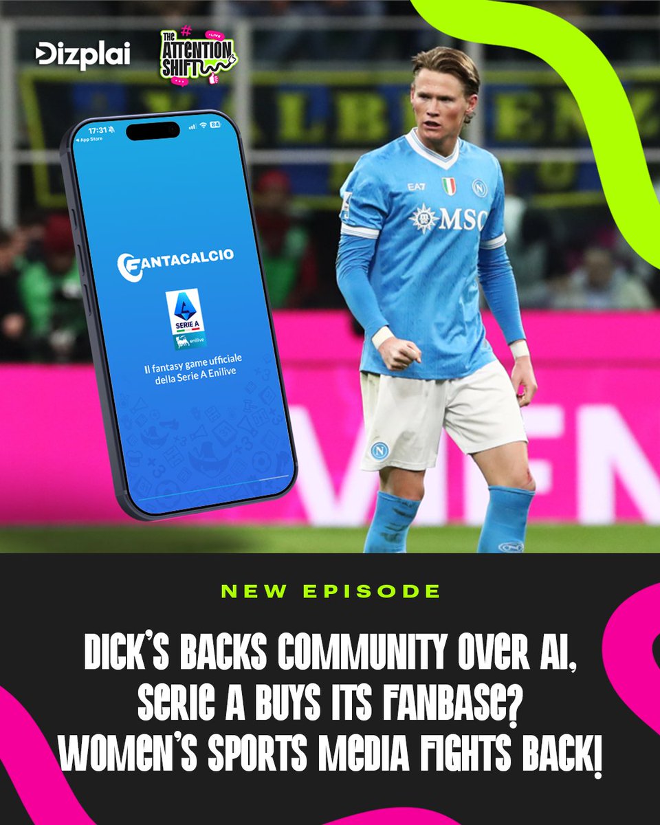 Dizplai's tweet image. Sport is sitting on a gold mine. Serie A just spent €18M proving it.

Get the top 5 stories impacting sports, media, and culture this week. All in 30 minutes. 

New episode of The Attention Shift is out now. Link 👇

#Podcast #NewEpisode #BusinessOfMedia #TheAttentionShift