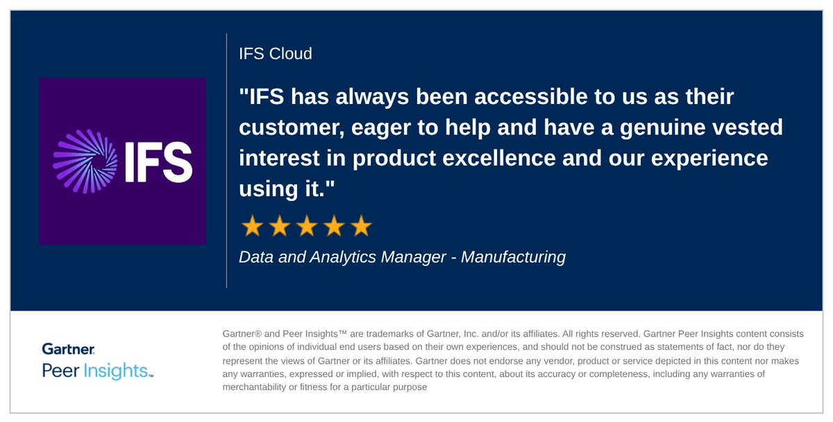 ifs's tweet photo. We’re happy to see IFS Cloud recognized with a 5-star Gartner Peer Insights review. Feedback like this from manufacturing leaders reinforces our focus on business value.
Read the full review: https://t.co/2uxWPZYqcW
#IndustialAI #IFSCloud #gartnerpeerinsights #CustomerVoice https://t.co/ki9RCtoYKM