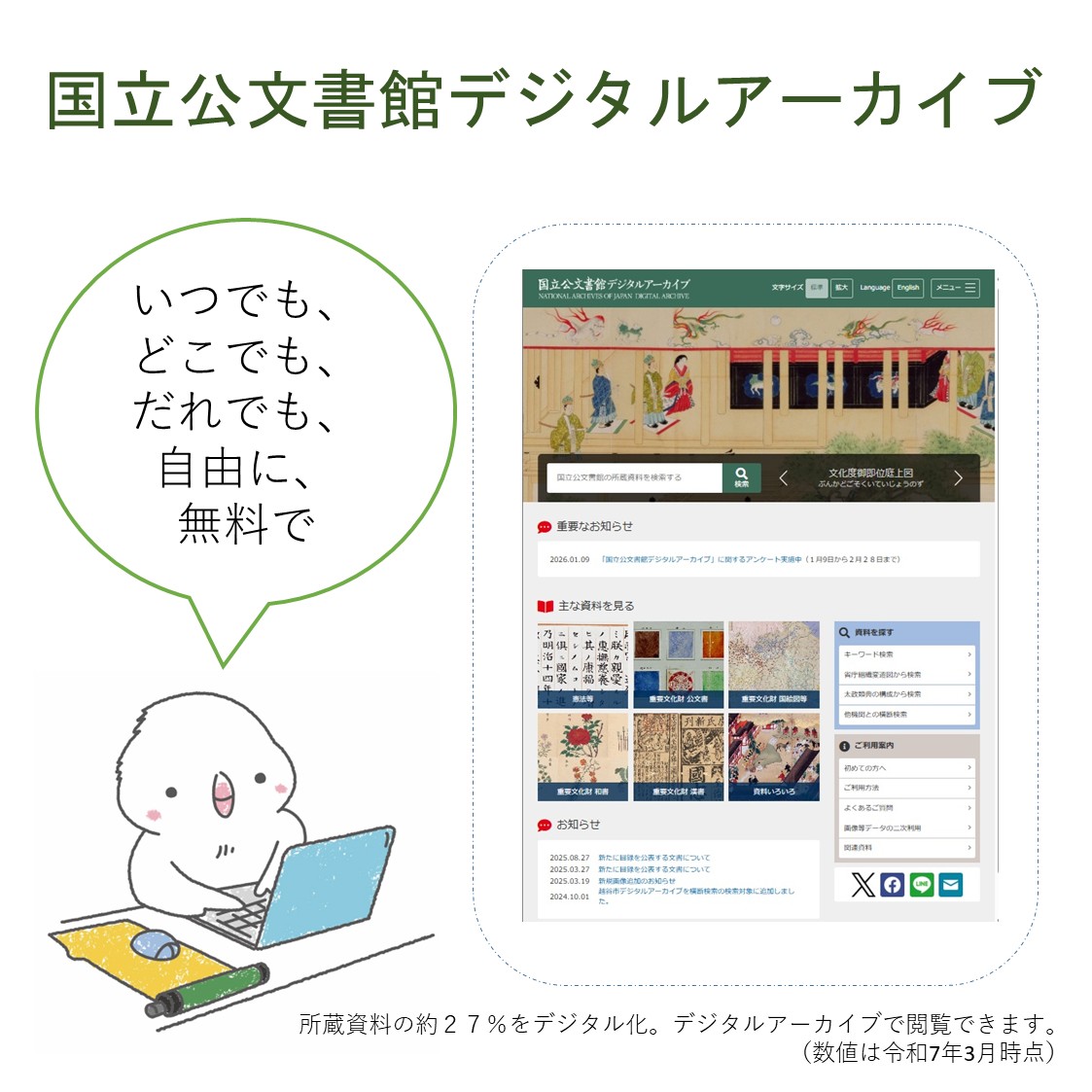 反響いただいた昨日の投稿についてもう一度宣伝させてください！

リニューアルを控えた国立公文書館デジタルアーカイブでは
①所蔵資料の目録の検索
②デジタル化した画像(所蔵資料の約27%)の閲覧等
ができます。

登録不要、今すぐアクセスOKです！
ぜひご利用ください。
🫱digital.archives.go.jp