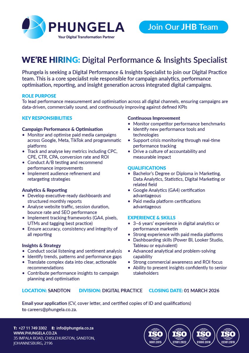 We’re hiring a Digital Performance &amp; Insights Specialist! 

3–6 years’ experience in digital analytics/performance marketing. Paid media + dashboarding expertise required.

📅 Closes: 01 March 2026
📩 careers@phungela.co.za

#Hiring  #PerformanceMarketing #Phungela