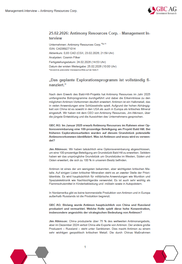 GBC_Research's tweet image. Antimony Resources Corp. (#K8J0) #Managementinterview “Das geplante Explorationsprogramm ist vollständig finanziert“ #SmallCaps #Börse #Aktie #Research #Rohstoffe t1p.de/ymxav