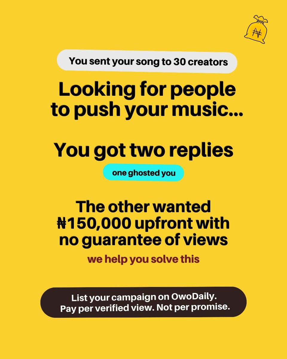 owodailyhq's tweet image. Promoting your music shouldn’t feel like gambling.
If you’re paying ₦150k upfront without guaranteed results, you’re taking unnecessary risk.

OwoDaily does it better. Here's how:
- You set your budget.
- Creators compete.
- You pay only for verified views.
That’s how promotion