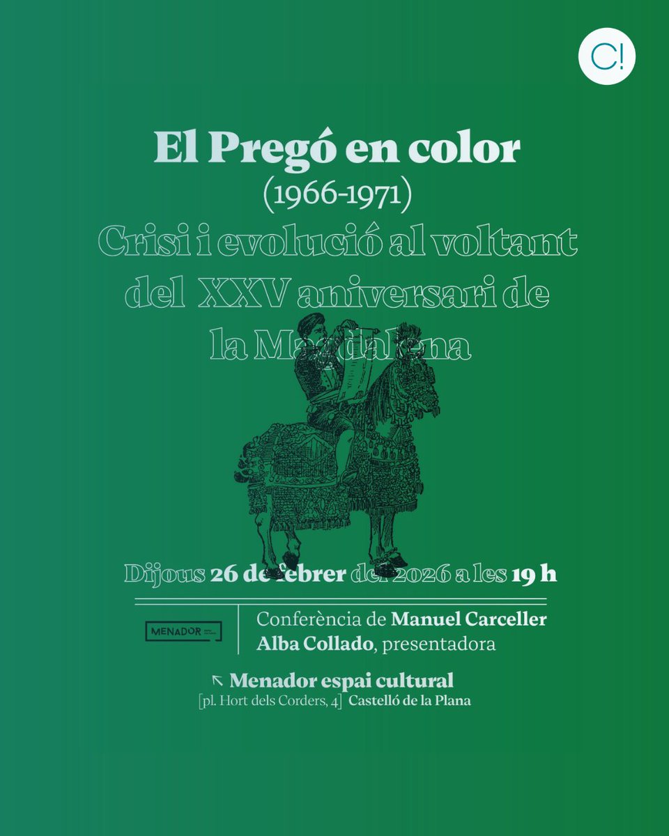 “El Pregó en color (1966-1971). Crisi i evolució al voltant del XXV Aniversari de la Magdalena". 26 de febrer, 19 h, al #Menador Espai Cultural de Castelló. Conferència a càrrec de #ManuelCarceller, amb Alba Collado com a presentadora.
