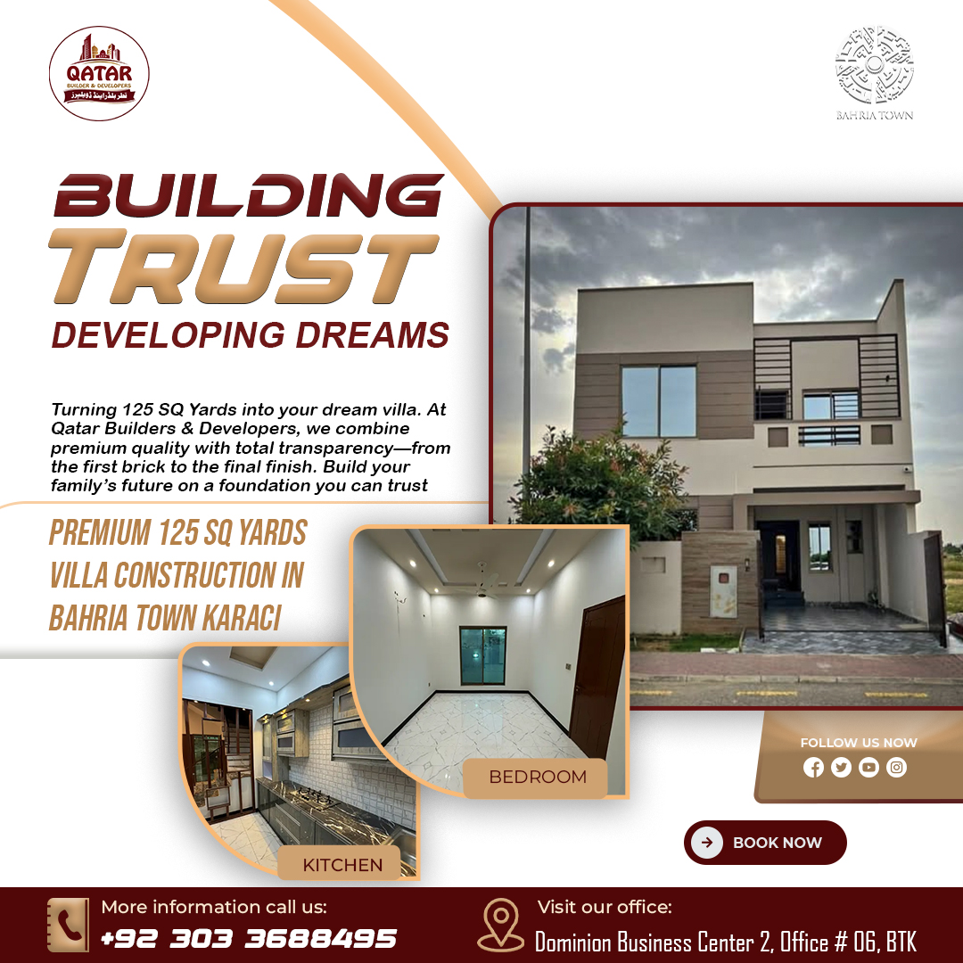 qatarbuilders's tweet photo. Own a premium 125 SQ Yard Villa in Bahria Town! 🏗️✨

We turn raw land into architectural masterpieces with total transparency.

👉 Project Features:

Modern Kitchen &amp; Bedrooms

Premium Elevation

Expert Construction

Contact Qatar Builders &amp; Developers now: +92 303 3688495 https://t.co/qbvvECdBOB