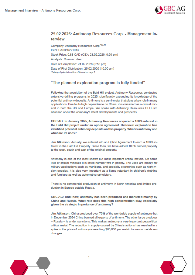 GBC_Research's tweet image. Antimony Resources Corp. (#K8J0) #Managementinterview english “The planned exploration program is fully funded” #SmallCaps #Börse #Aktie #Research #RawMaterials t1p.de/c2c4j