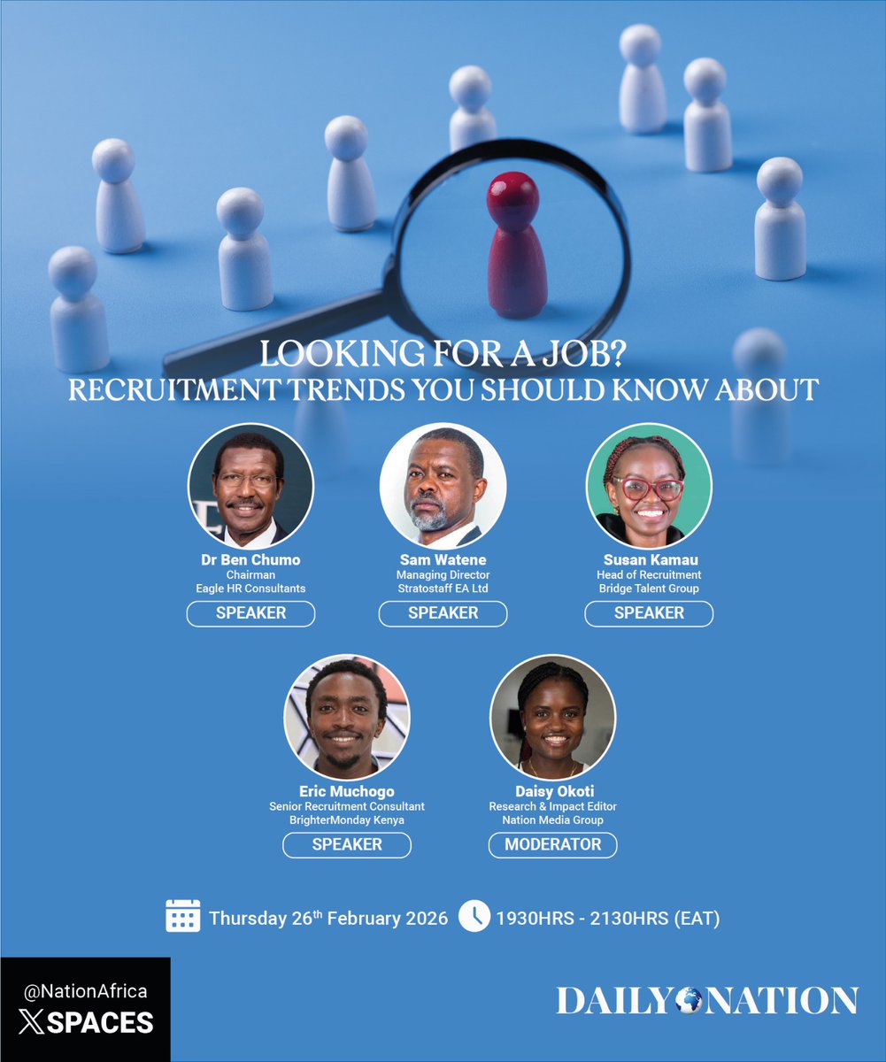 Our Managing Director, Sam Watene, will be speaking tomorrow, 26th February 2026, at the Nation Africa X Spaces from 7:30 PM to 9:30 PM.

Join the conversation to gain valuable insights into the current recruitment trends shaping the market.
#recruitment
#staffing
