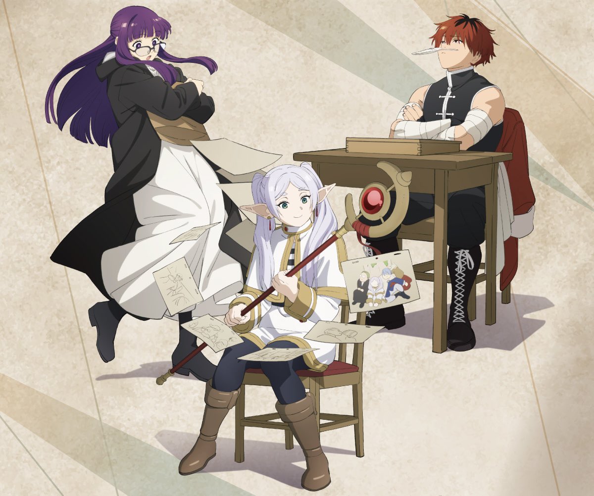 NEW FRIEREN ILLUSTRATION 

clumsy Fern with glasses
Stark no thoughts head empty
Frieren happily reminiscing

please I love this 😭

#Frieren