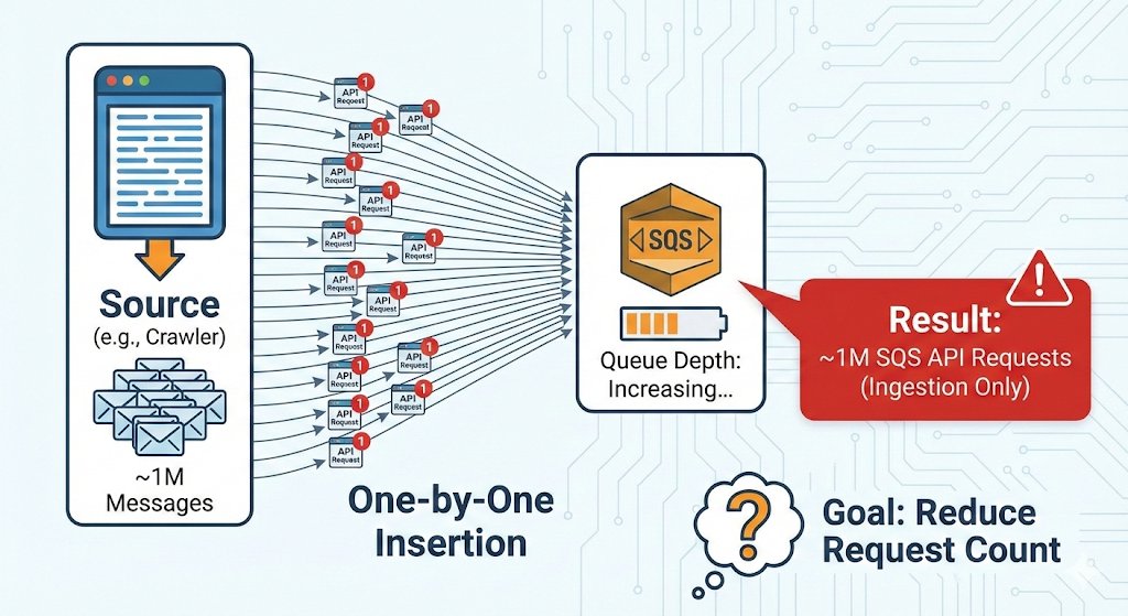 I’m working with AWS SQS where I need to enqueue ~1M messages in a single run.
 messages are being inserted one-by-one, which results in ~1M  requests just for ingestion(excluding receive/delete during processing)

How can I reduce the number of SQS requests for this workload?
