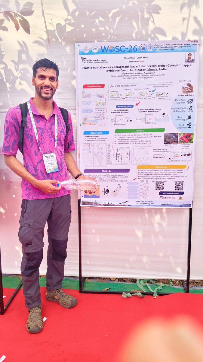 wii_india's tweet photo. #Marine litter - a looming danger to Hermits! A poster presented by Mayur, PhD student, #WII at the World Ocean Science Congress explained the vulnerability of #Hermit crabs to entrapment in stranded marine litter across the remote beaches in Nicobar Islands.
#WOSC2026 #NIO_Goa #conference
@moefcc @CSIRNIOGoa @SACONCoimbatore @GobindsagarBha1 @nehrutp @MayurFulmali1