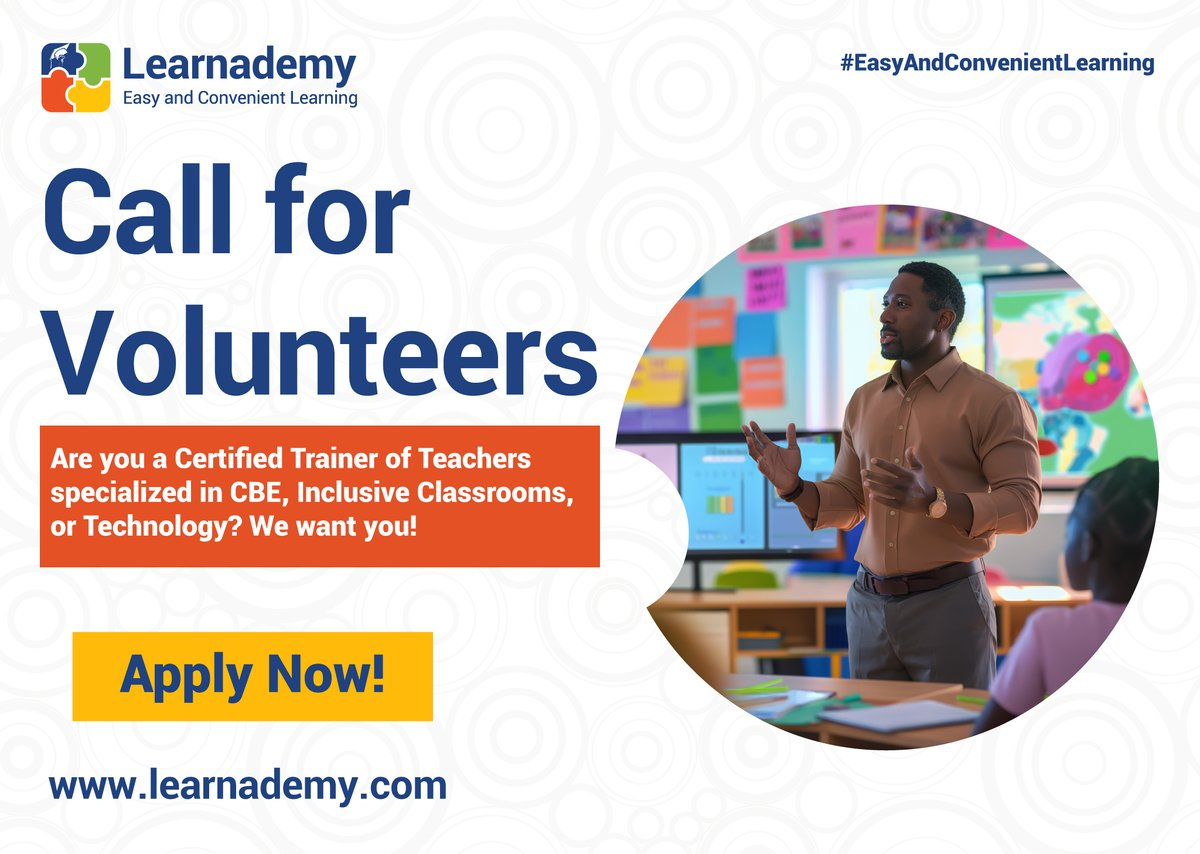 Learnademy's tweet photo. Call for Certified Teacher Trainers!

Are you certified in CBE, Inclusive Education, or technology integration with real classroom training experience? We’re looking for skilled trainers to equip and mentor educators through high-impact professional development.

Ready to make an impact?
Apply now: https://t.co/TDpQUeUd75 

#CallForVolunteers
#EdTech
#DigitalInclusion
#DigitalLearning
#EasyAndConvenientLearning
#Learnademy