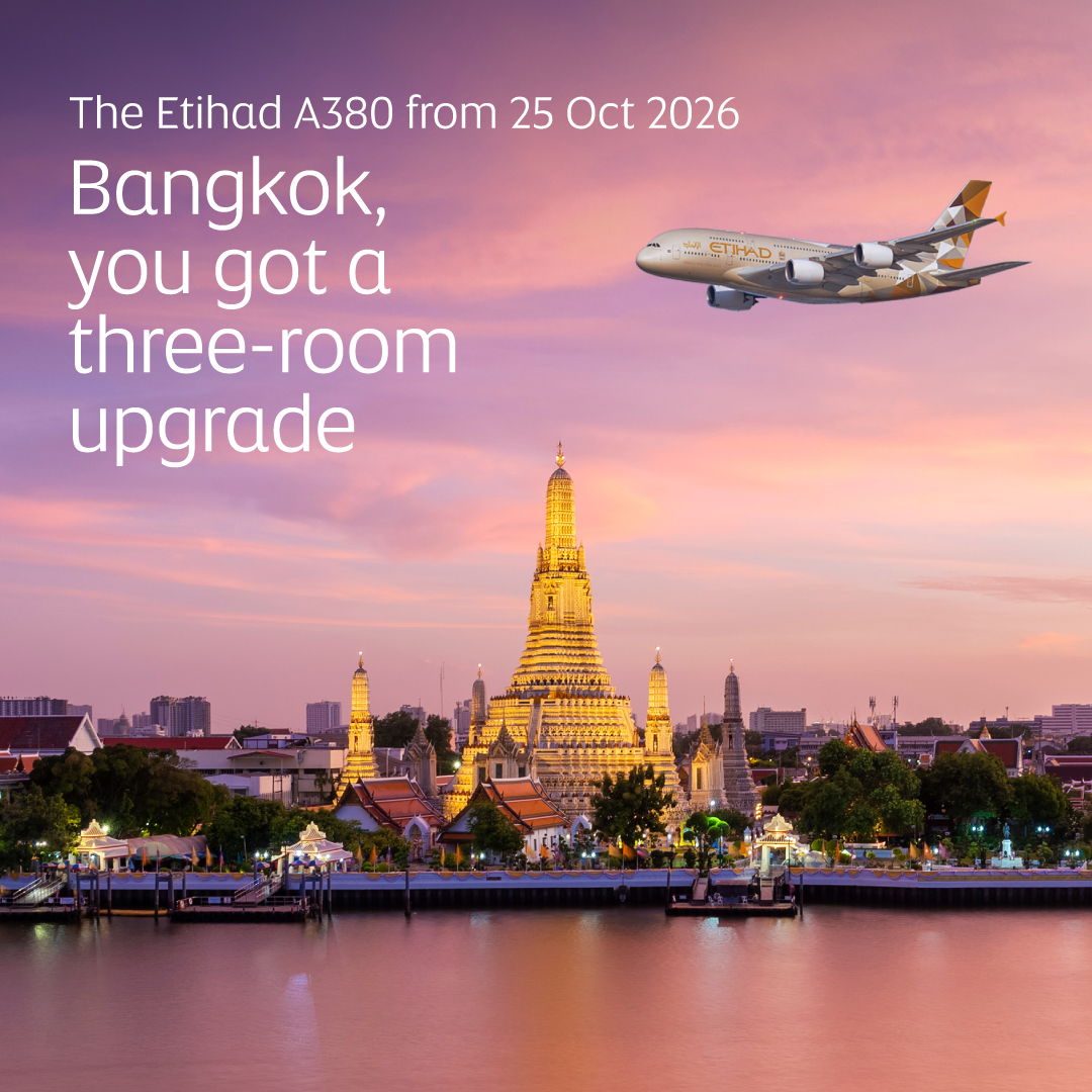 Sawatdee Bangkok! 🇹🇭

Our A380 lands in Thailand this October, bringing The Residence, First Apartments, lie‑flat Business and a refreshed Economy experience.

✈️ A380 on the evening BKK service
🌏 More capacity ahead of winter peak
🛫 A flagship experience on one of our