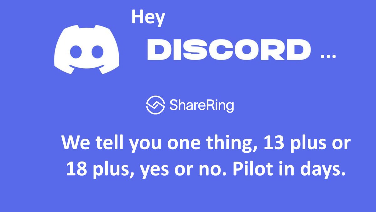 Discord needs 13+ access, 18+ unlock, without a data honeypot. ShareRing SSI returns only age proof, 13+ or 18+, yes/no, no ID, no DOB, no face templates. 

Discord team DM us, pilot in days. 
sharering.network
 
Latest breach information here: fortune.com/2026/02/24/dis…