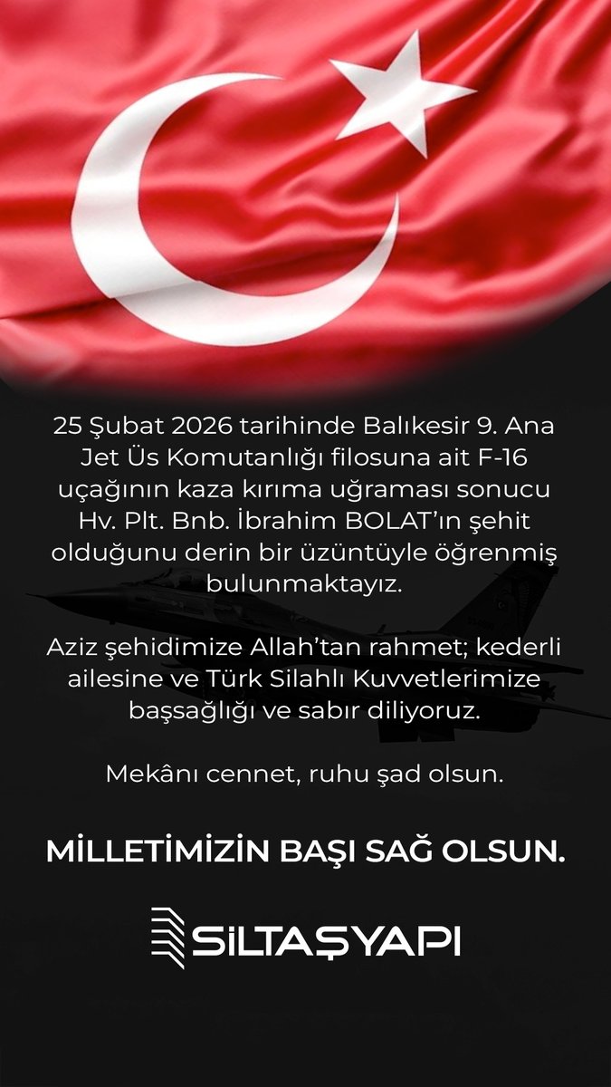Hv. Plt. Bnb. İbrahim BOLAT’ın şehit olduğunu derin bir üzüntüyle öğrenmiş bulunmaktayız.

Aziz şehidimize Allah’tan rahmet; kederli ailesine ve Türk Silahlı Kuvvetlerimize başsağlığı ve sabır diliyoruz.
Mekânı cennet, ruhu şad olsun.
Milletimizin başı sağ olsun.