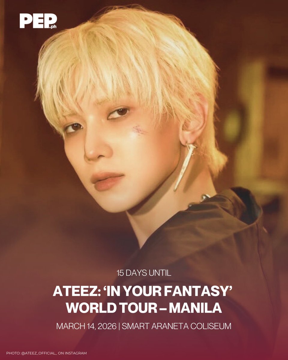 PEPalerts's tweet photo. Only 15 days left until ATEEZ takes over Manila with their ‘IN YOUR FANTASY’ World Tour at the Smart Araneta Coliseum on March 14, 2026! 💜

Presented by AEG Presents Asia and DNM Entertainment.

#ATEEZinManila #INYFWorldTour #ATINYPH #PEPConcerts #PEPCountdown https://t.co/Jy7yb0ad5h