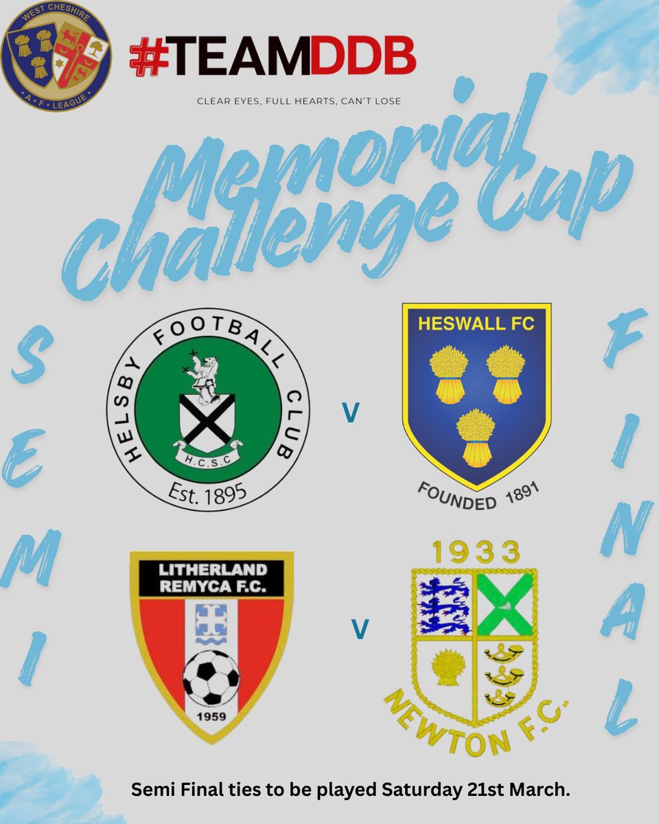WCLNewsletter's tweet image. Congratulations to @RemycaRes on reaching the Semi Final of the #TeamDDB Memorial Challenge Cup last night, they will play Newton while @HelsbyFC fwill host @HeswallFC_. Best of luck to all 4 Clubs. 🏆🏆
🟢⚪️🟡🔵🔴⚫️🟠⚫️