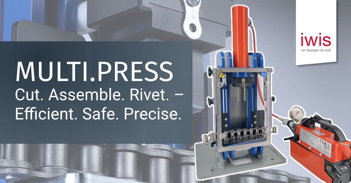 Reduce downtime. Increase safety. Improve chain quality. #iwis tool MULTIPRESS is the professionalsolution for cutting, assembling and riveting roller and conveyor chains – now hydraulic, offering even more possibilities – engineered for maximum safety, precision and flexibility.
