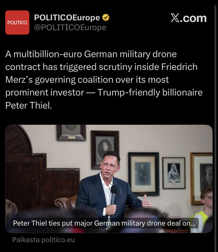 European defense companies shouldn’t take Peter Thiel’s money.

It undermines European sovereignty and puts their future at risk