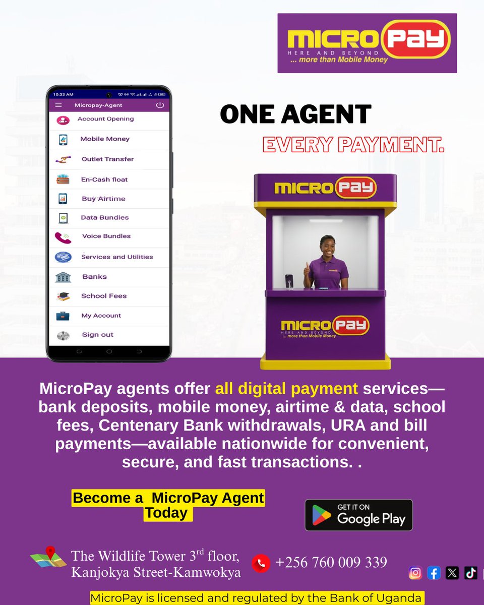 MicroPayug's tweet image. Offer all digital payment services in your shop and earn daily commissions.
Contact us on +256 760 009 339 to register and join thousands of MicroPay agents today — start earning more from your business!
#Micropay #Digitalpayments #Agencybanking