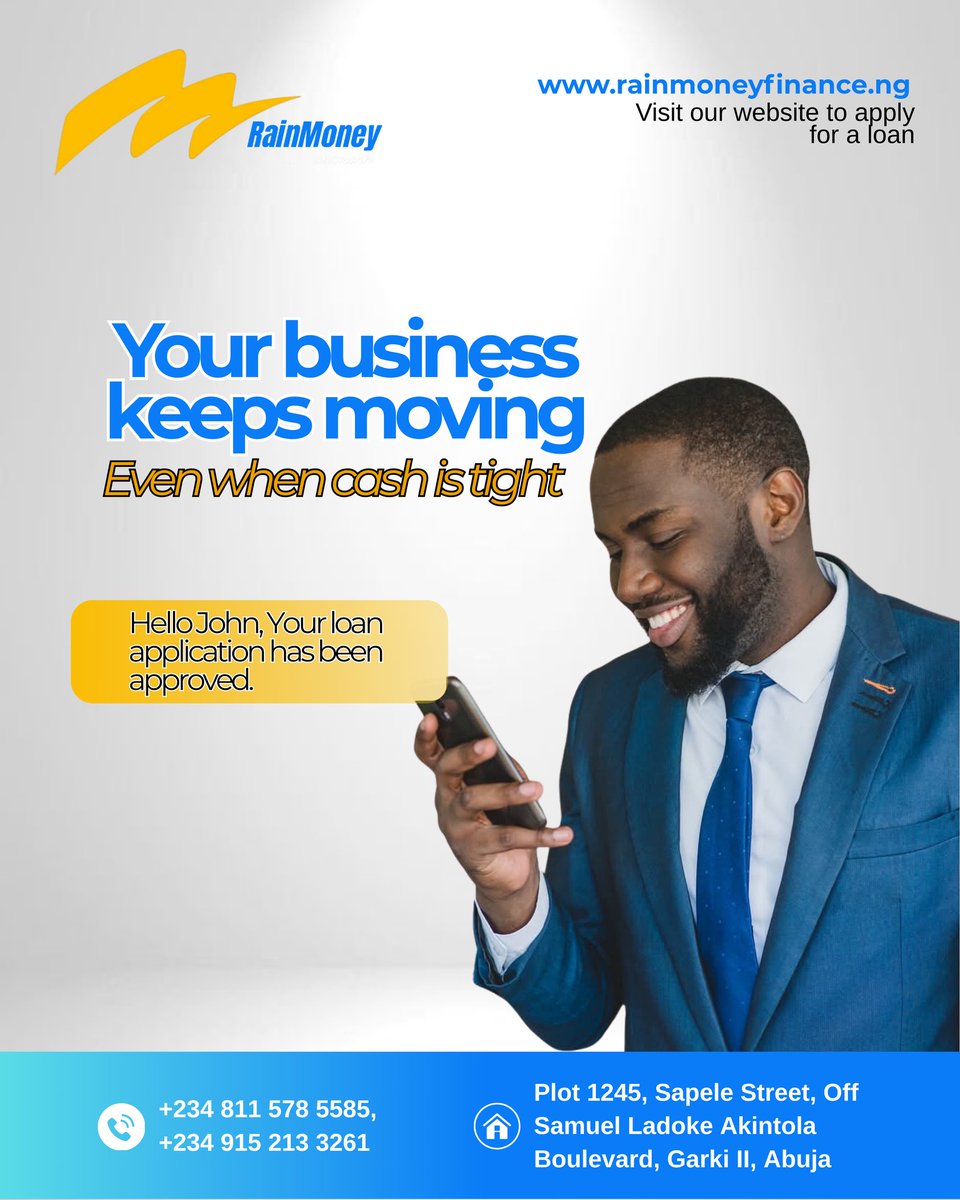 rainmoneyltd's tweet image. Cash flow low?
Momentum still high. 🚀

Fund your hustle. Keep moving.

#EntrepreneurLife #NigeriaBusiness #RainMoney