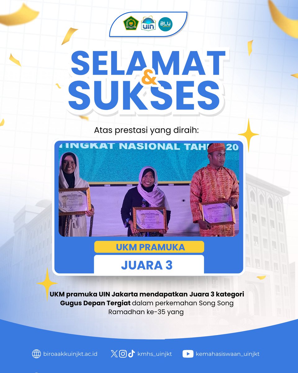 Selamat dan sukses atas prestasi yang diraih kepada UKM Pramuka UIN Jakarta yang berhasil mendapatkan Juara 3 kategori Gugus Depan Tergiat dalam perkemahan Sang Sang Ramadhan yang ke-35✨🎉

Semoga terus menginspirasi!

#UKMPRAMUKAUINJAKARTA
#Kemahasiswaan
#UINJakarta
