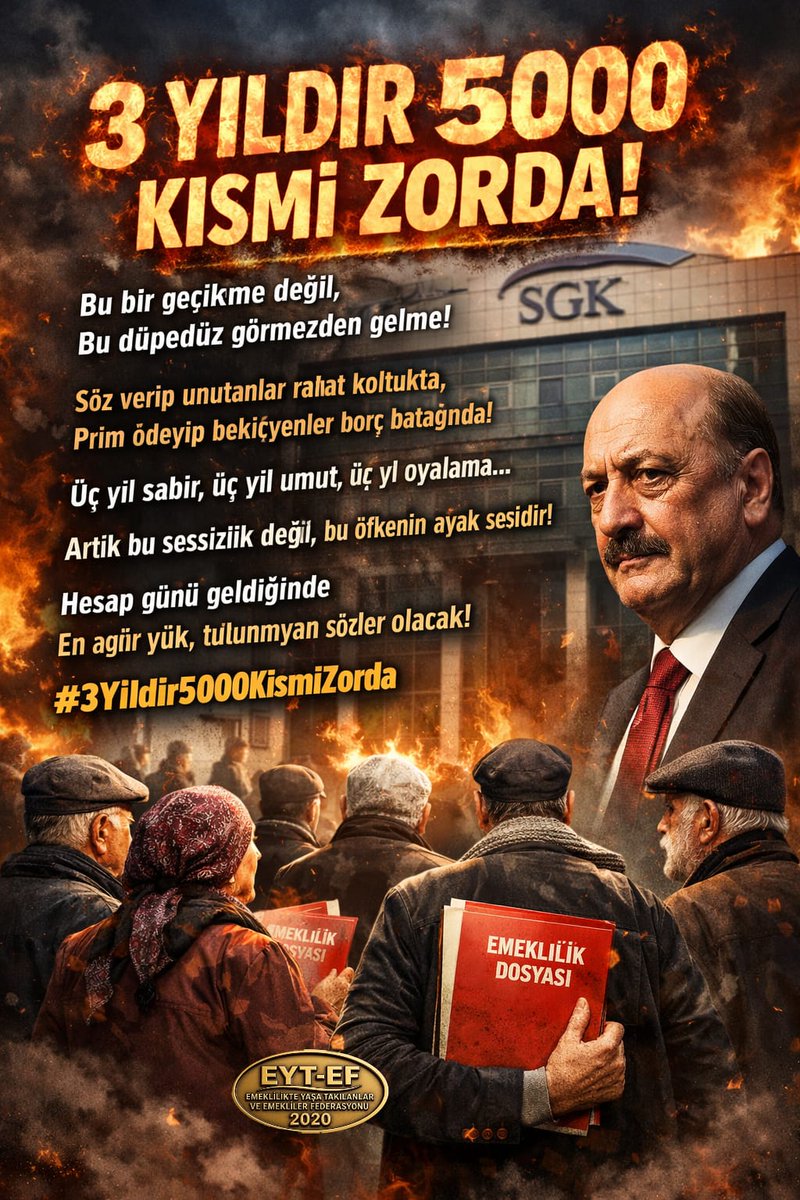 Masada bırakılan,
5000 Prim ve Kısmi Emeklilik 
haklarımızın, 99 öncesi şekliyle iadesini istiyoruz.
<a href="/Akparti/">AK Parti</a> <a href="/MHP_Bilgi/">MHP</a> 
<a href="/RTErdogan/">Recep Tayyip Erdoğan</a> <a href="/dbdevletbahceli/">Devlet Bahçeli</a>
<a href="/avabdullahguler/">Abdullah Güler</a> <a href="/_cevdetyilmaz/">Cevdet Yılmaz</a>
<a href="/isikhanvedat/">Prof. Dr. Vedat Işıkhan</a> <a href="/memetsimsek/">Mehmet Simsek</a>
#HesapOrtadaEmekliZorda
#3Yıldır5000KısmiZorda