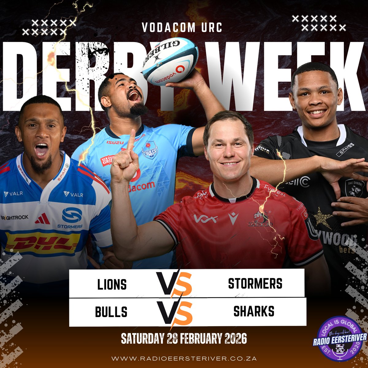 REersteriver's tweet photo. 🏉 South African URC Derby Week Preview 🏉 The Lions will take on the Stormers in a fierce clash, while the Vodacom Bulls will face the Sharks — leaders of the South African Shield. 🔥 Expect thrilling rivalries, passionate fans, and unforgettable rugby moments ahead! #URCDerby https://t.co/2t2pZzaw9A