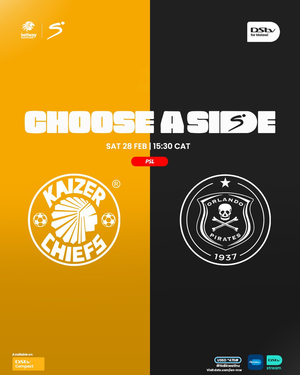DStvForMalawi's tweet image. 🚨⚽ SOWETO DERBY – PICK A SIDE! ⚽🚨

It’s more than a game… it’s PRIDE. It’s HISTORY. It’s BRAGGING RIGHTS. 🔥
Are you rolling with 💛 or standing strong with ☠️🖤?
No sitting on the fence — drop your side below and back your team loud! 👇🔥
#SowetoDerby #PickASide #ItsOn