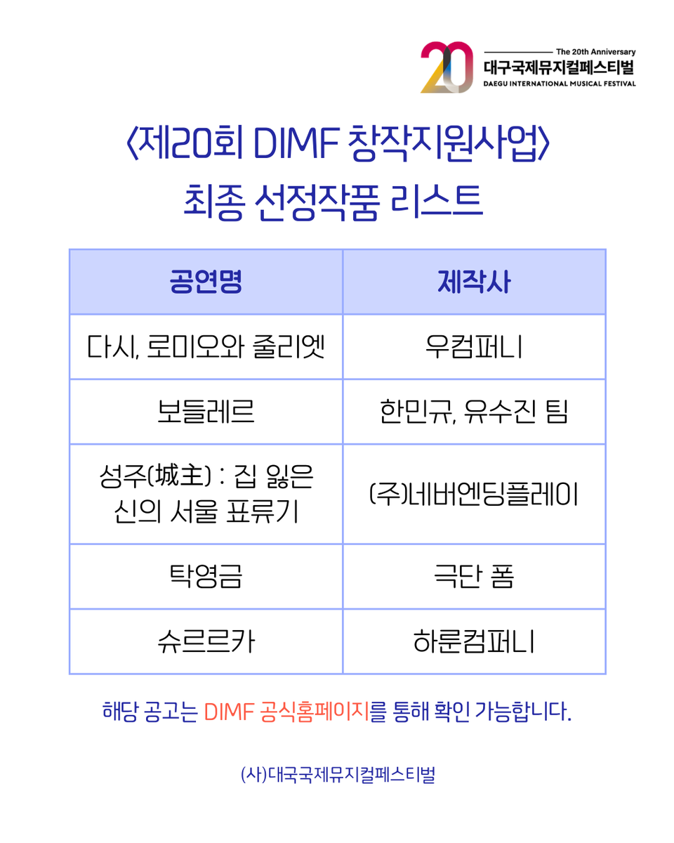 dimfmusical's tweet photo. 📌제20회 DIMF 창작 / 재공연지원사업 선정 발표

지원해주신 모든 분들께 진심으로 감사드립니다.
선정작 공고는 DIMF 공식홈페이지에서 확인 가능합니다. https://t.co/4lcKwlTKVe