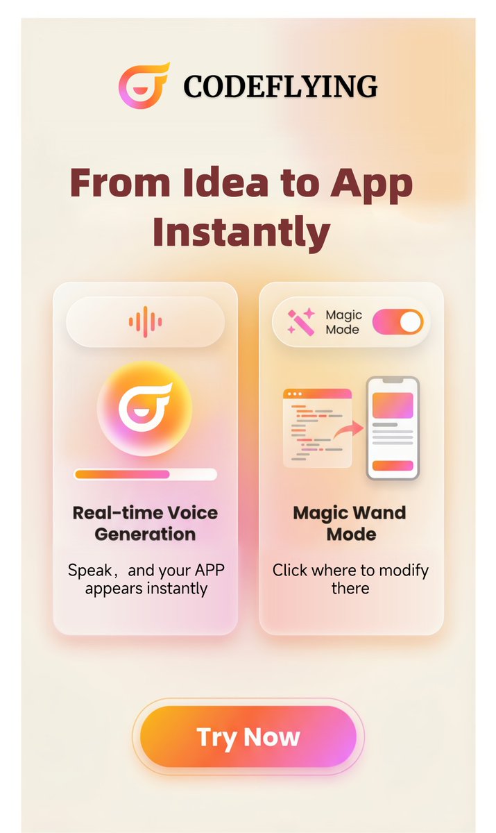 CodeFlyingAI's tweet photo. Your next app doesn’t need code.
It needs your voice.

🎙️ Real-time Voice Generation — speak. It builds.
✨ Magic Wand Mode — click any element. Change it instantly.

From idea to live app in minutes.
🔗https://t.co/yZyHDboBER https://t.co/UEveaYIjUn