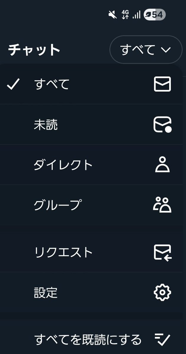 チャット(DM)を開いたら昨日までと表示が変わってる。 「すべて」って