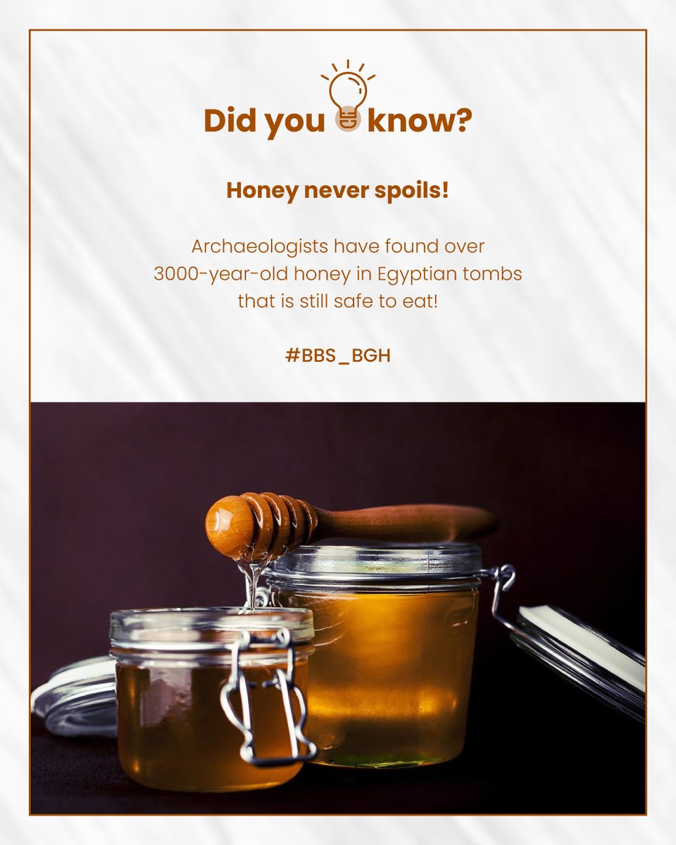BBS_BGH's tweet photo. Honey is one of the only natural foods that never goes bad! 🍯
Even after thousands of years, it can still be eaten safely. Isn’t that amazing? 😲✨
#FridayFunFact #DidYouKnow #AmazingFacts #StudentLearning #FunKnowledge #balbhartischool #BBS_BGH #Bahadurgarh https://t.co/X1LE0wQDIY