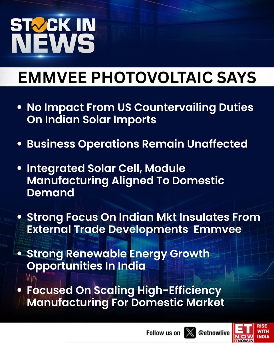 ETNOWlive's tweet photo. #StockInNews | Emmvee says the US countervailing duties on Indian solar imports will not impact its operations as the company remains focused on strong domestic demand and scaling high efficiency manufacturing in India
#Emmvee #SolarSector #RenewableEnergy #USDuties #IndianMarkets