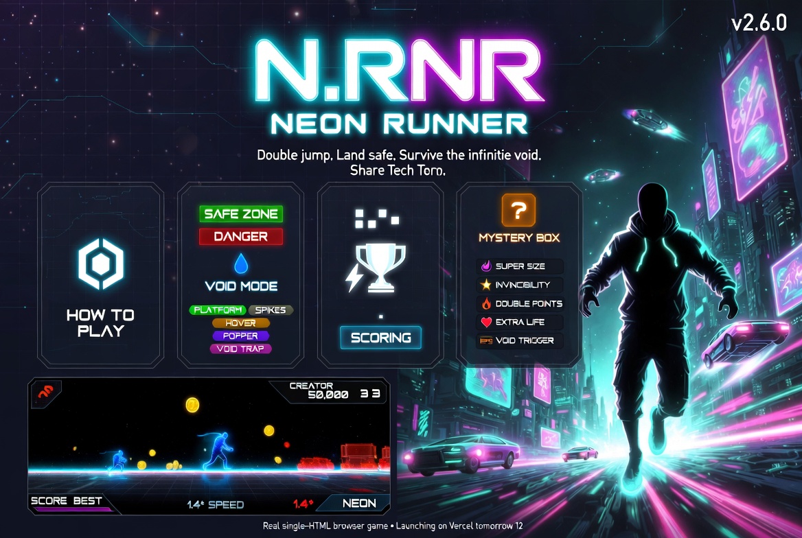 shafee_05's tweet photo. 🚨 TODAY 3:15PM — Your browser is about to explode with neon 🔥
N.RNR (Neon Runner) v2.6.0 drops live on @vercel
Double jump. Land safe. Survive the infinite void.
Endless runner. Pure PWA magic.
Who’s ready to run? 👟✨
#NeonRunner #IndieGame #BrowserGame https://t.co/Fh5xmr1Yv8