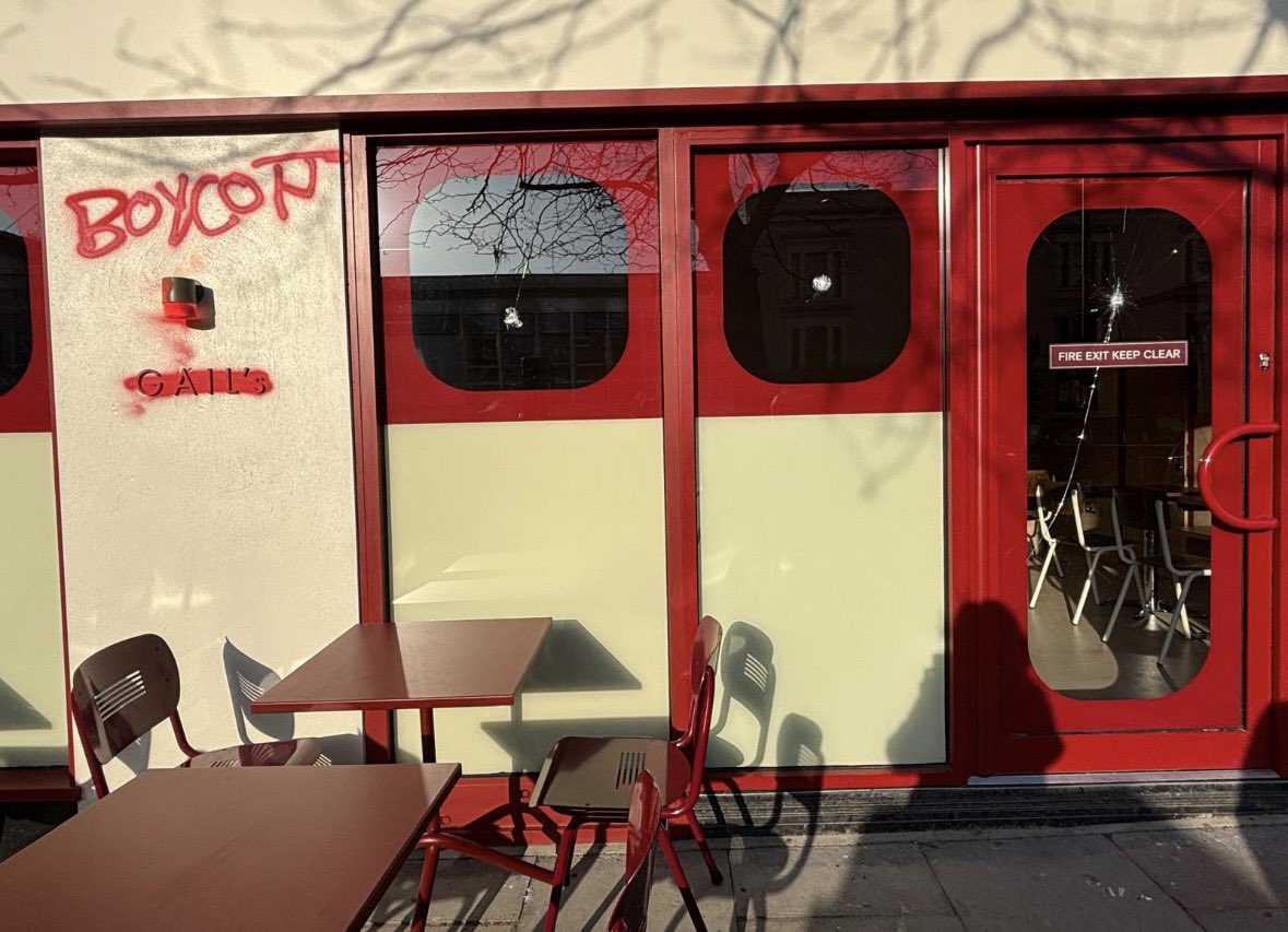 nicolelampert's tweet photo. For the second time in a few days, a new branch of bakery Gail’s in Archway has been vandalised by ‘pro Palestinians’. 
The chain was founded by a British/ Israeli Jewish woman but has been majority owned by American venture capitalists Bain since 2021. 
The haters will say it’s because Bain buys shares in Israeli technology but so does almost every other venture capitalist. They are attacking this chain because it’s got a tangential link to Jews.
They say they are for ‘local’ companies but this site used to be a Subway. 
It is telling that there have been no arrests from the last lot of vandalism. 
This is about racists trying to remove a Jewish connected business from an area. 
This will not help Palestinians. 
The ‘pro Palestinians’ are racists. 
@OurFightUk @StopTheHate_UK