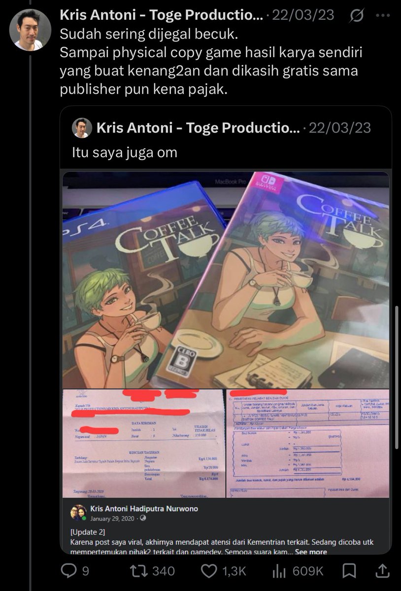 Gue gakan pernah lupa betapa jahatnya negara ini ke warganya yang udah berhasil ngeharumin nama Indonesia di industri game internasional.

- Menang award, pialanya dipajakin
- Dikirimin devkit gratis, dipajakin
- CD fisik game buatan sendiri, dipajakin

Gimana ga capek?